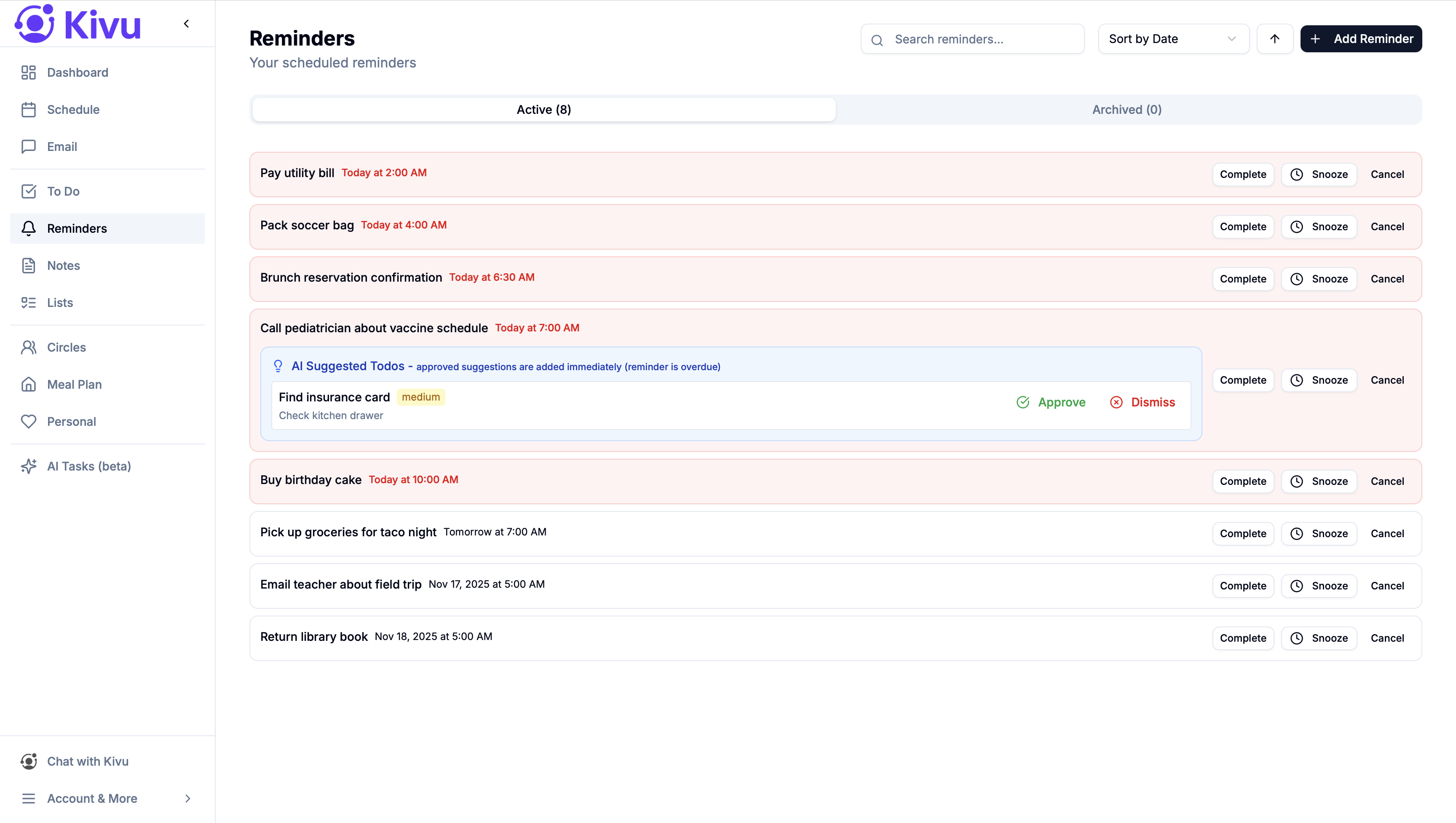 Reminder notification with linked event and snooze options